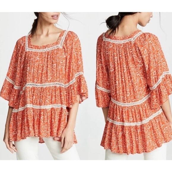 Free People Talk About It Tunic Top Bell Sleeves Orange Floral Size Medium - Picture 2 of 12